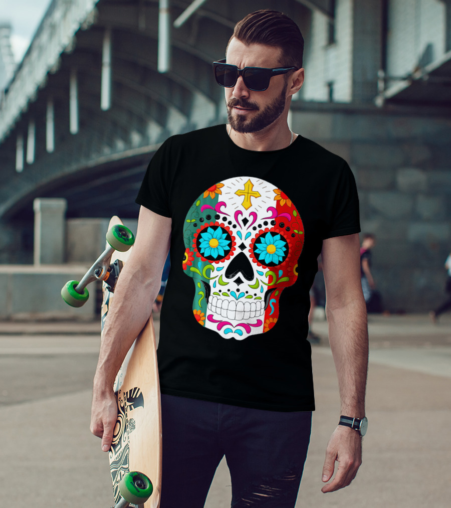 Day Of The Dead Sugar Skull Cinco De Mayo Mexican Flag Colors T-Shirt