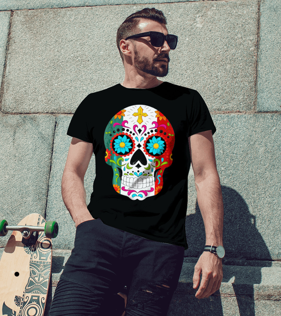Day Of The Dead Sugar Skull Cinco De Mayo Mexican Flag Colors T-Shirt