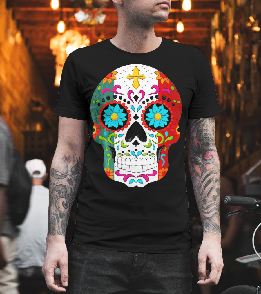 Day of the Dead Sugar Skull Cinco de Mayo Mexican Flag Colors T-Shirt