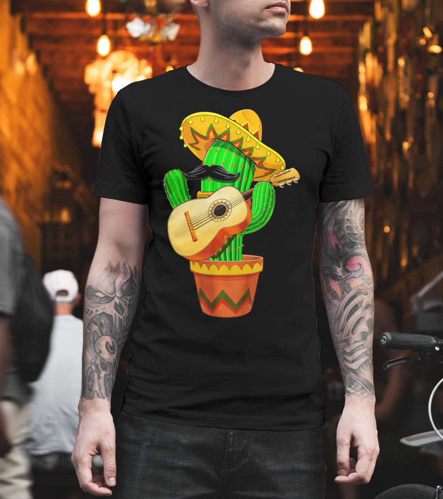 Cinco de Mayo Cactus with Sombrero and Guitar T-Shirt