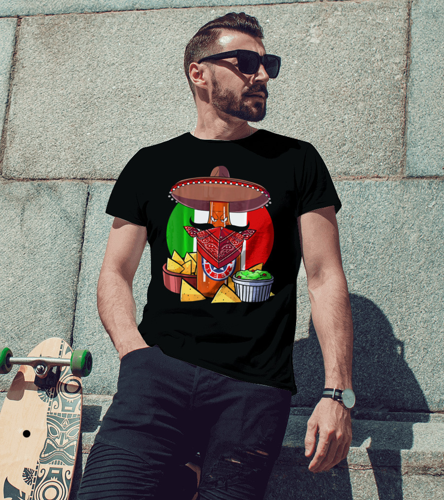 Funny Cinco De Mayo Beer Bottle With Sombrero And Guacamole Fiesta Napkin Bandana T-Shirt