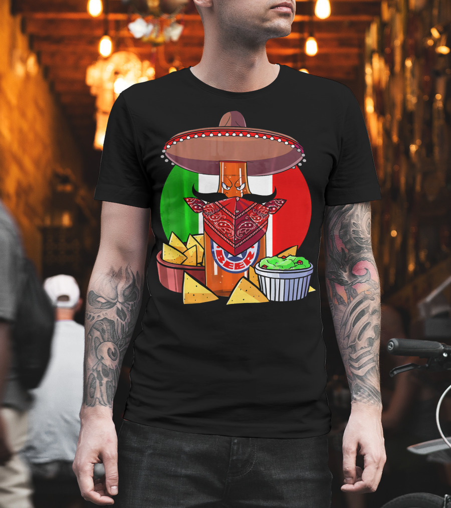 Funny Cinco De Mayo Beer Bottle With Sombrero And Guacamole Fiesta Napkin Bandana T-Shirt