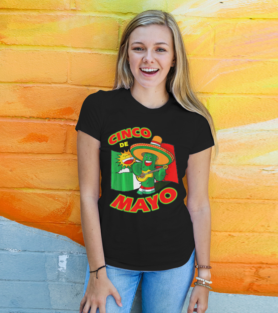 Cinco De Mayo Fiesta Cactus Sombrero Guitar Mexican Flag T-Shirt