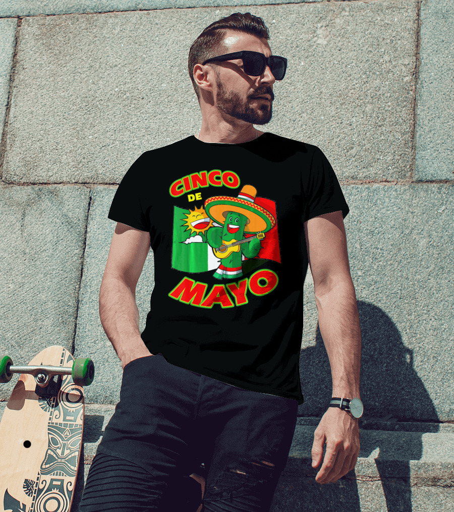 Cinco De Mayo Fiesta Cactus Sombrero Guitar Mexican Flag T-Shirt