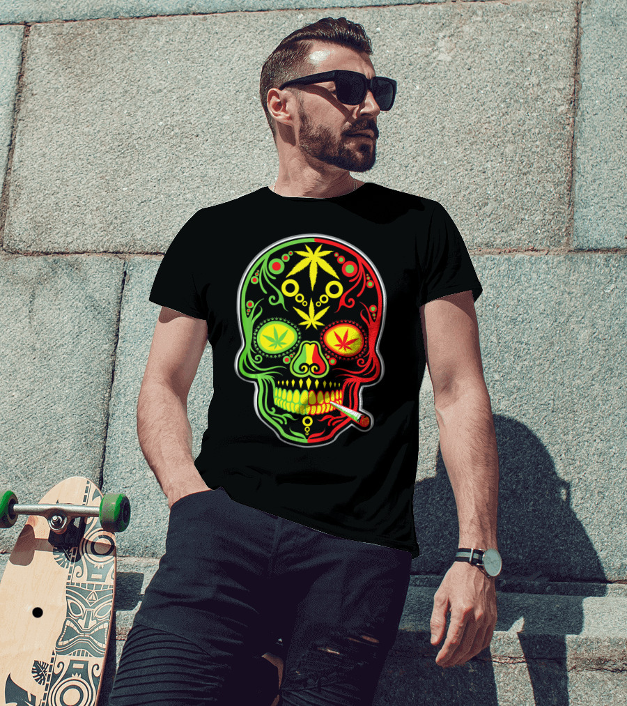 Weed Sugar Skull Marijuana Canna Rasta Colors T-Shirt