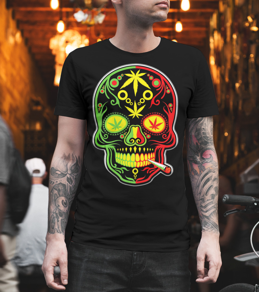 Weed Sugar Skull Marijuana Canna Rasta Colors T-Shirt