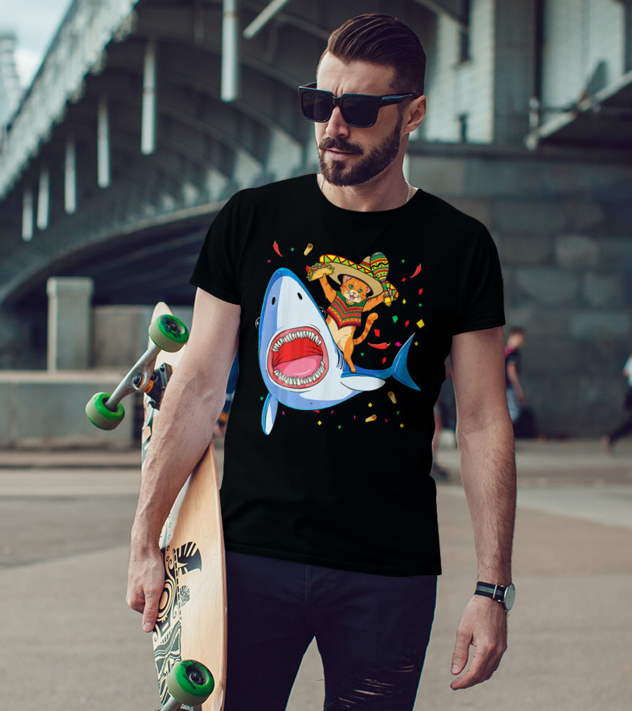 Funny Taco Cat Riding Shark Cinco De Mayo Sombrero T-Shirt