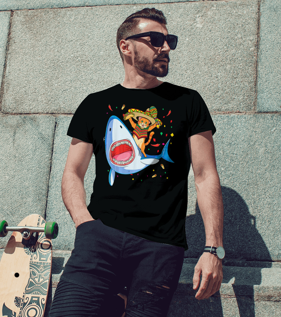 Funny Taco Cat Riding Shark Cinco De Mayo Sombrero T-Shirt