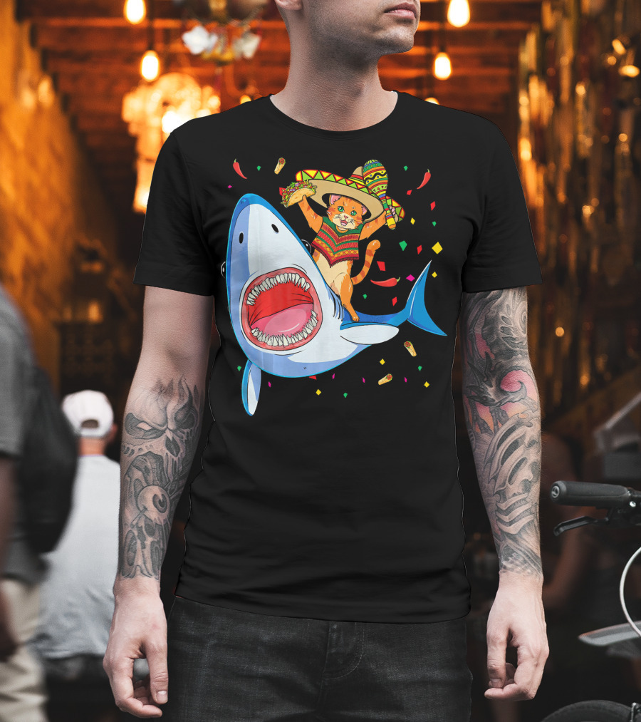 Funny Taco Cat Riding Shark Cinco de Mayo Sombrero T-Shirt