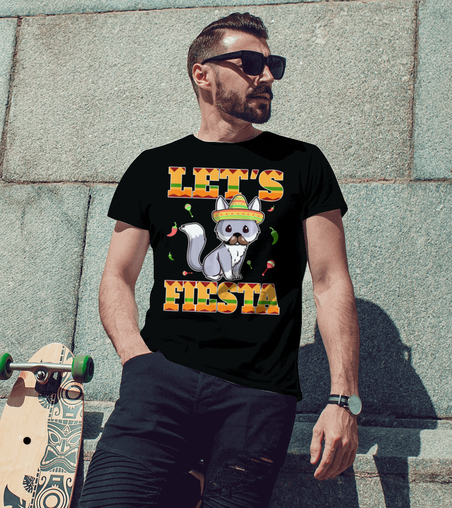 Let's Fiesta Kitty Cat Cinco De Mayo Mexi Sombrero Peppers Maracas T-Shirt