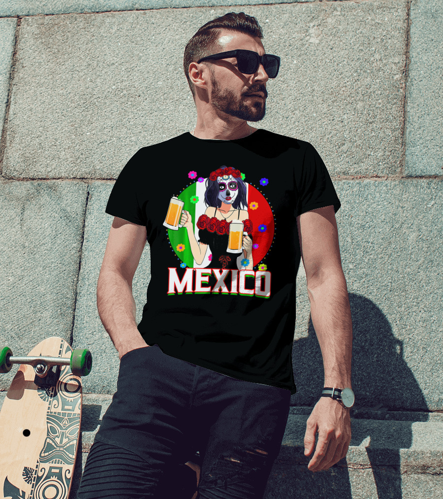 Cinco De Mayo Sugar Skull Woman Holding Beers Mexico Flag T-Shirt