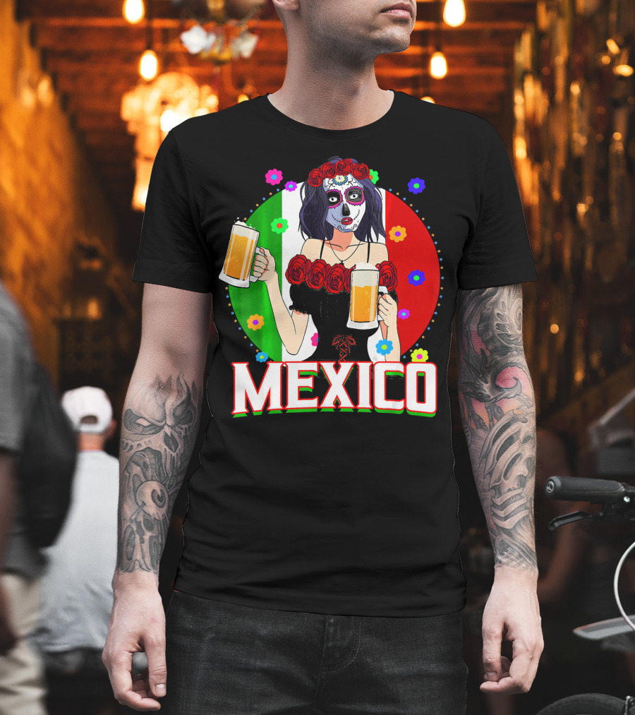 Cinco De Mayo Sugar Skull Woman Holding Beers Mexico Flag T-Shirt