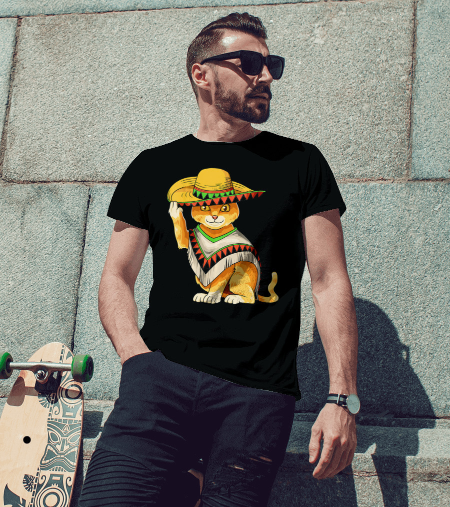 Mexican Cat Cinco De Mayo Cat Poncho Sombrero Fiesta T-Shirt