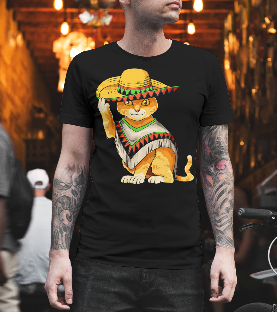Mexican Cat Cinco De Mayo Cat Poncho Sombrero Fiesta T-Shirt