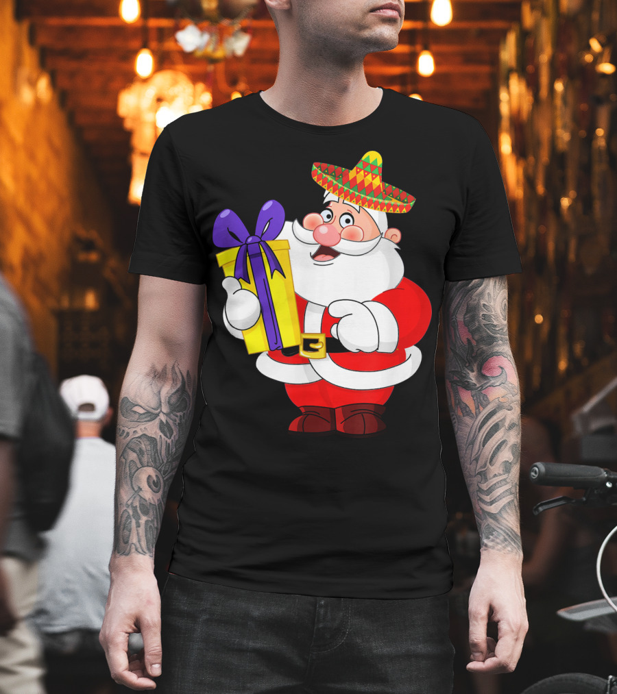 Cinco De Mayo Funny Sombrero Mexican Santa With Gift T-Shirt