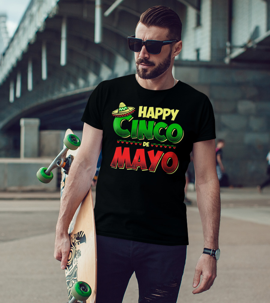 Happy Cinco De Mayo Sombrero And Festive Hearts T-Shirt