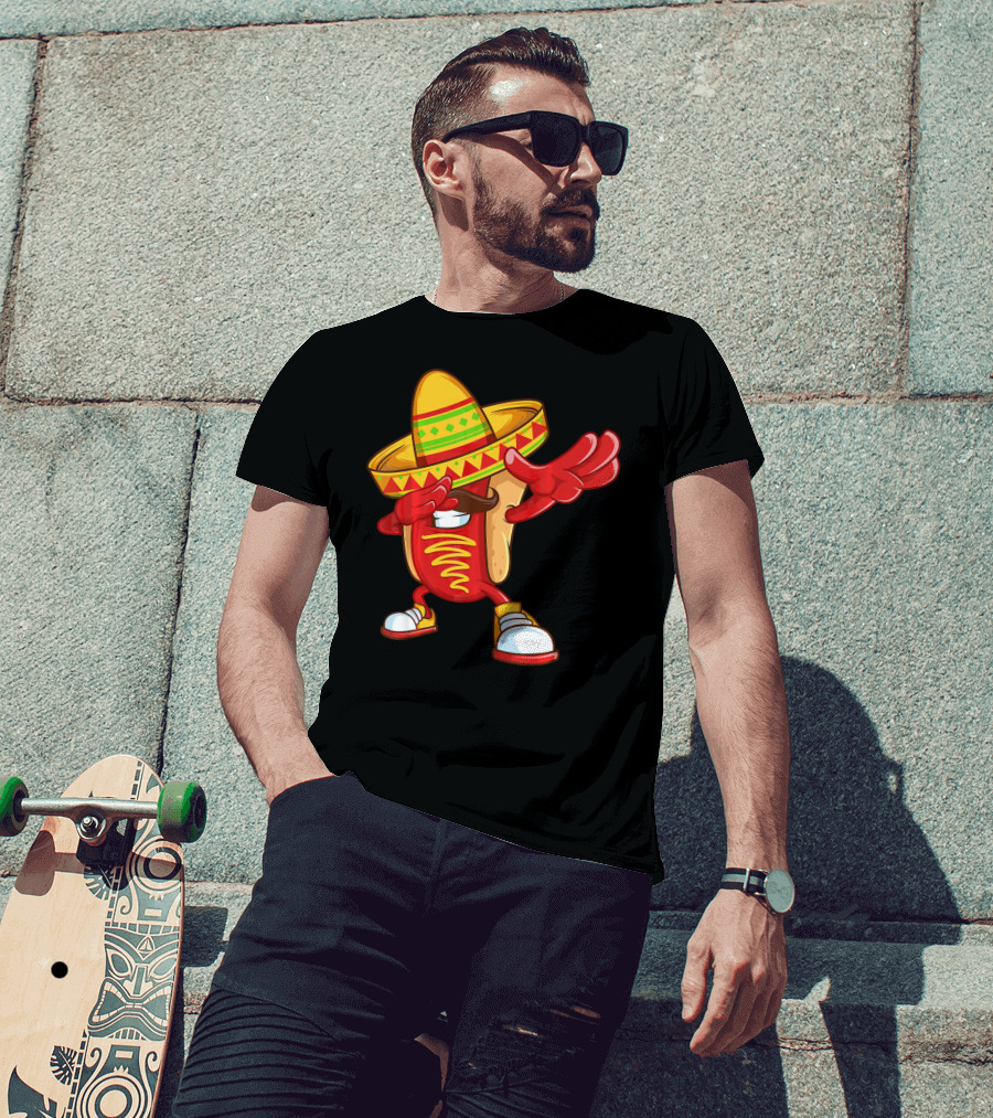 Funny Dabbing Hotdog Sombrero Mexican Cinco De Mayo T-Shirt