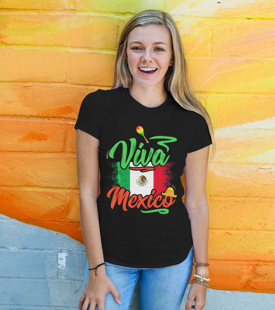Viva Mexico Mexican Flag With Sombrero And Maraca Cinco De Mayo T-Shirt