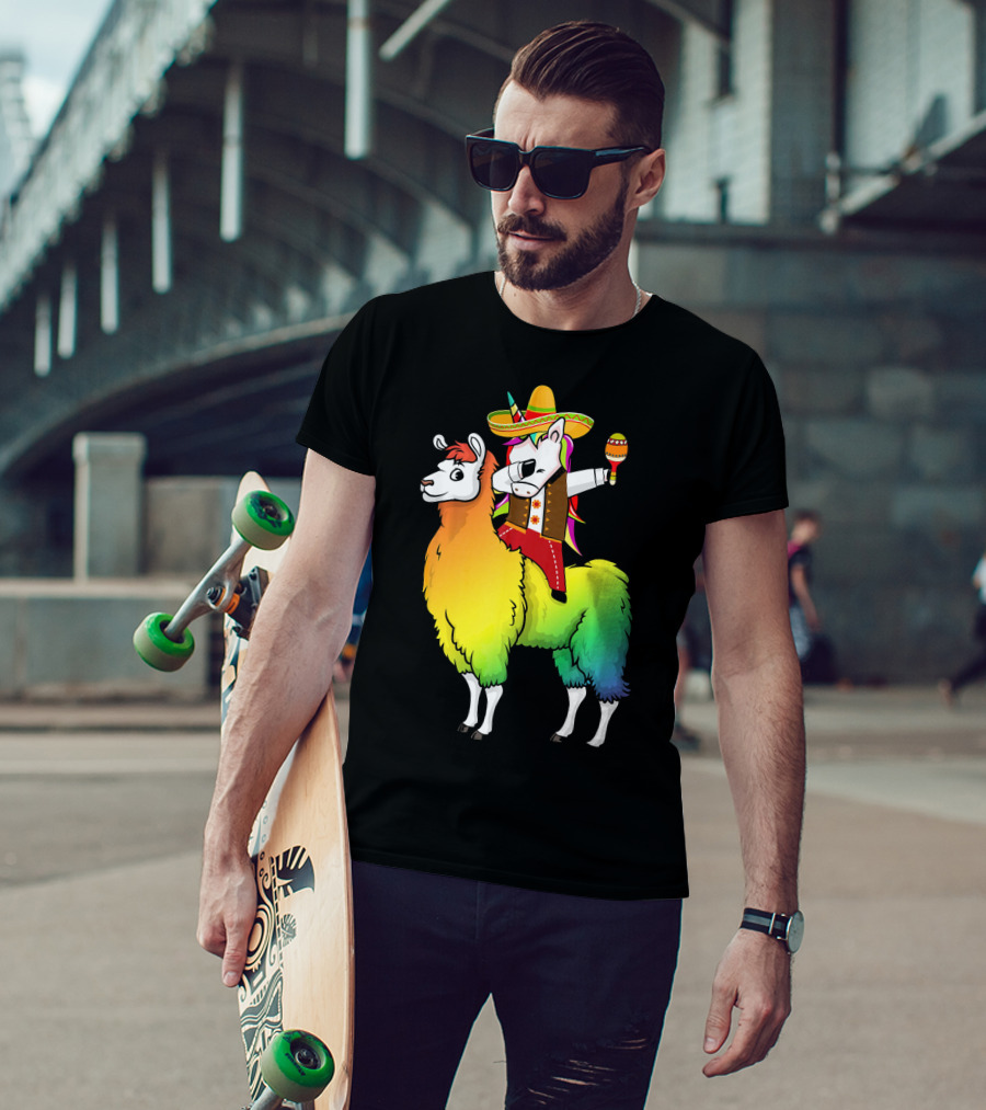 Unicorn Dabbing Riding Llama With Sombrero And Maracas Funny Cinco T-Shirt