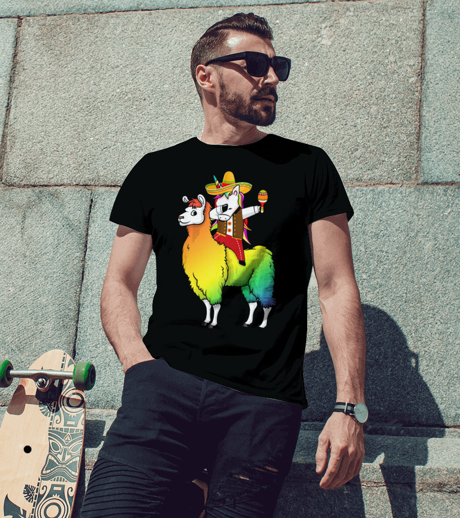 Unicorn Dabbing Riding Llama With Sombrero And Maracas Funny Cinco T-Shirt