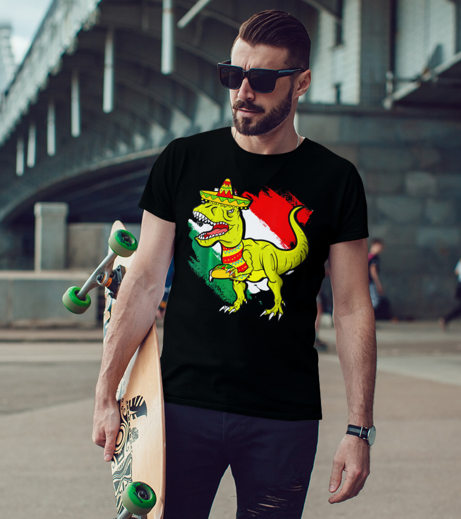 Tacosaurus Rex Sombrero Mexican Flag Cinco De Mayo Mexican Pride T-Shirt