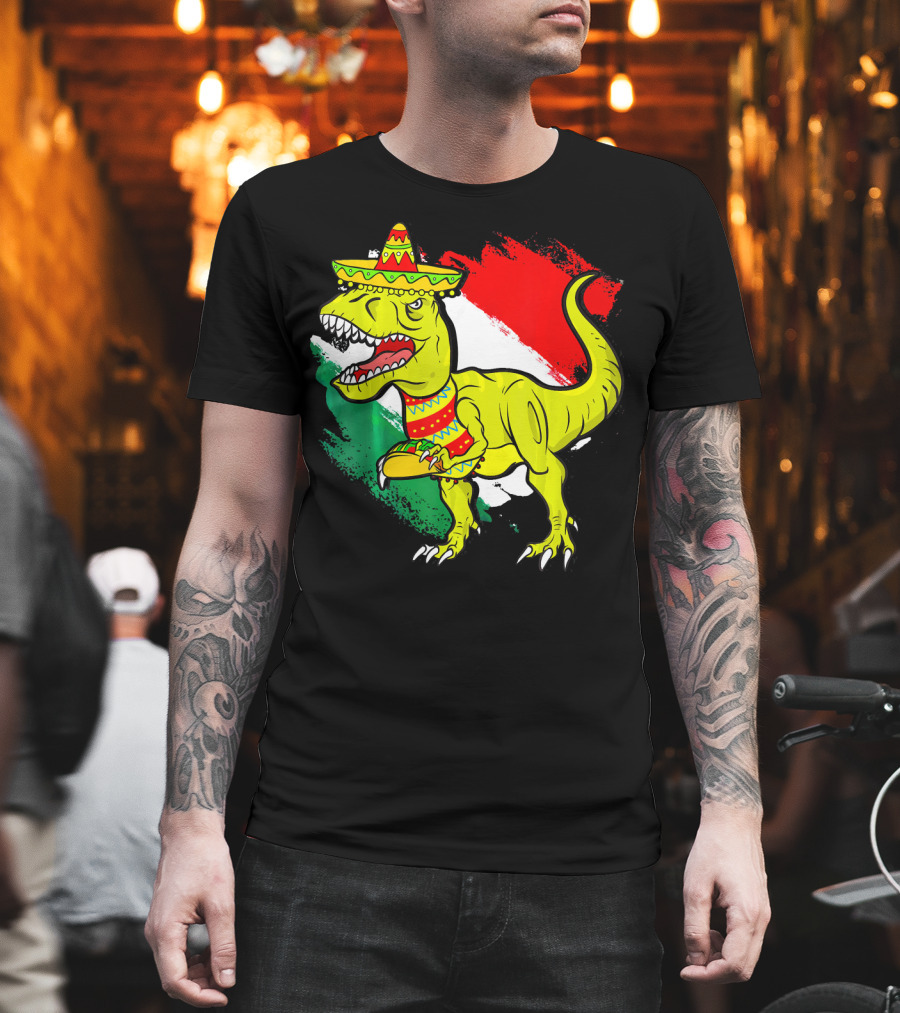 Tacosaurus Rex Sombrero Mexican Flag Cinco De Mayo Mexican Pride T-Shirt
