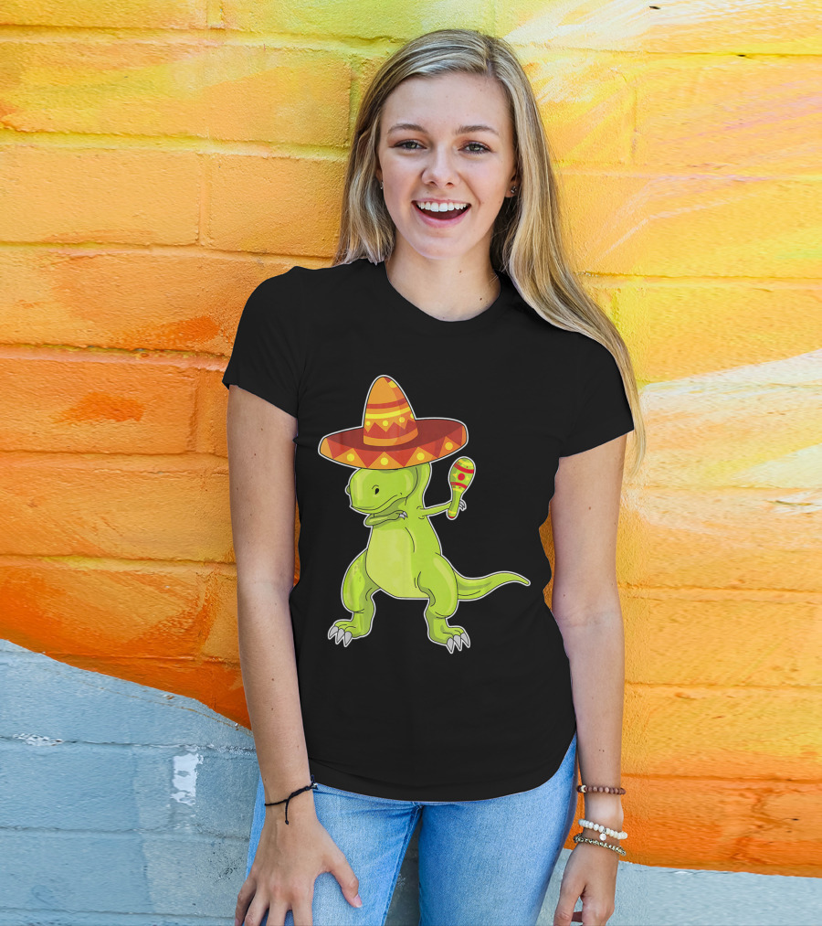 Cinco De Mayo Dinosaur Funny Mexican Sombrero Maracas T-Shirt