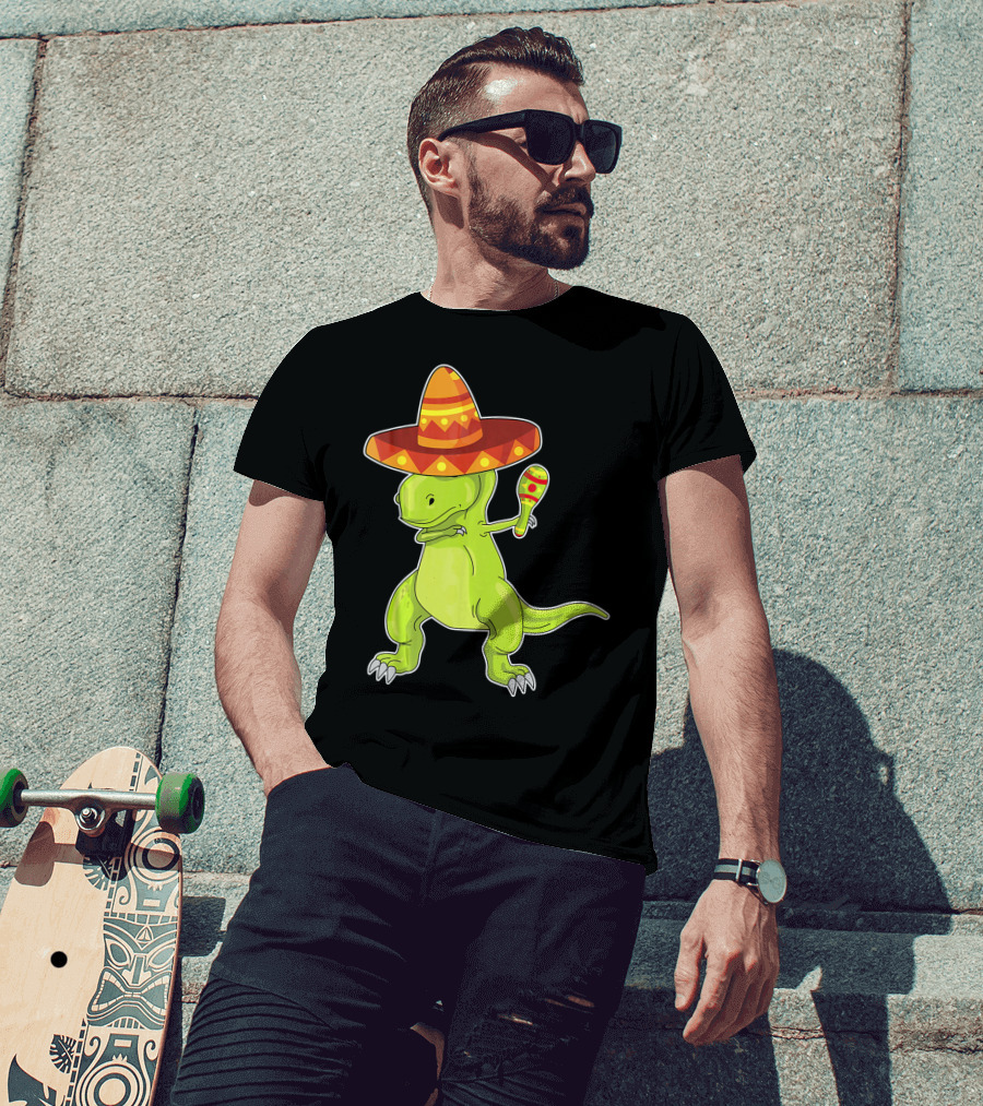 Cinco De Mayo Dinosaur Funny Mexican Sombrero Maracas T-Shirt