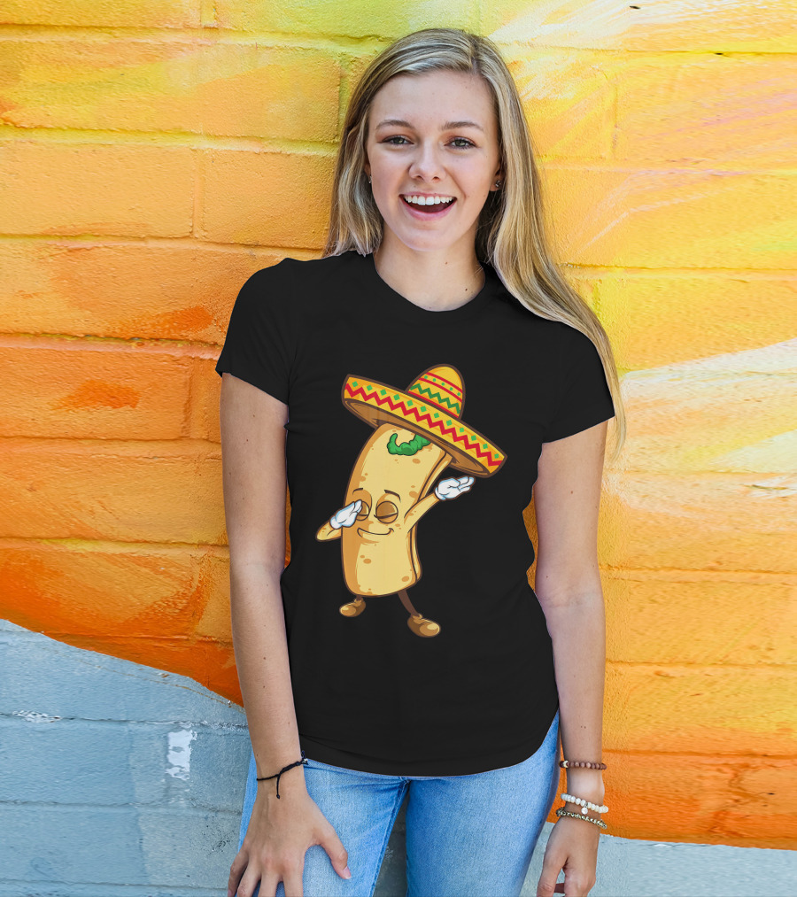 Funny Dabbing Burrito Mexican Cinco De Mayo Sombrero Cartoon T-Shirt