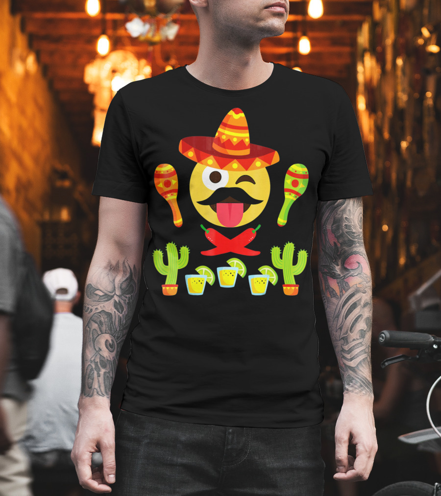 Cinco De Mayo Winking Emoji Sombrero Maracas Cactus Tequila Peppers T-Shirt