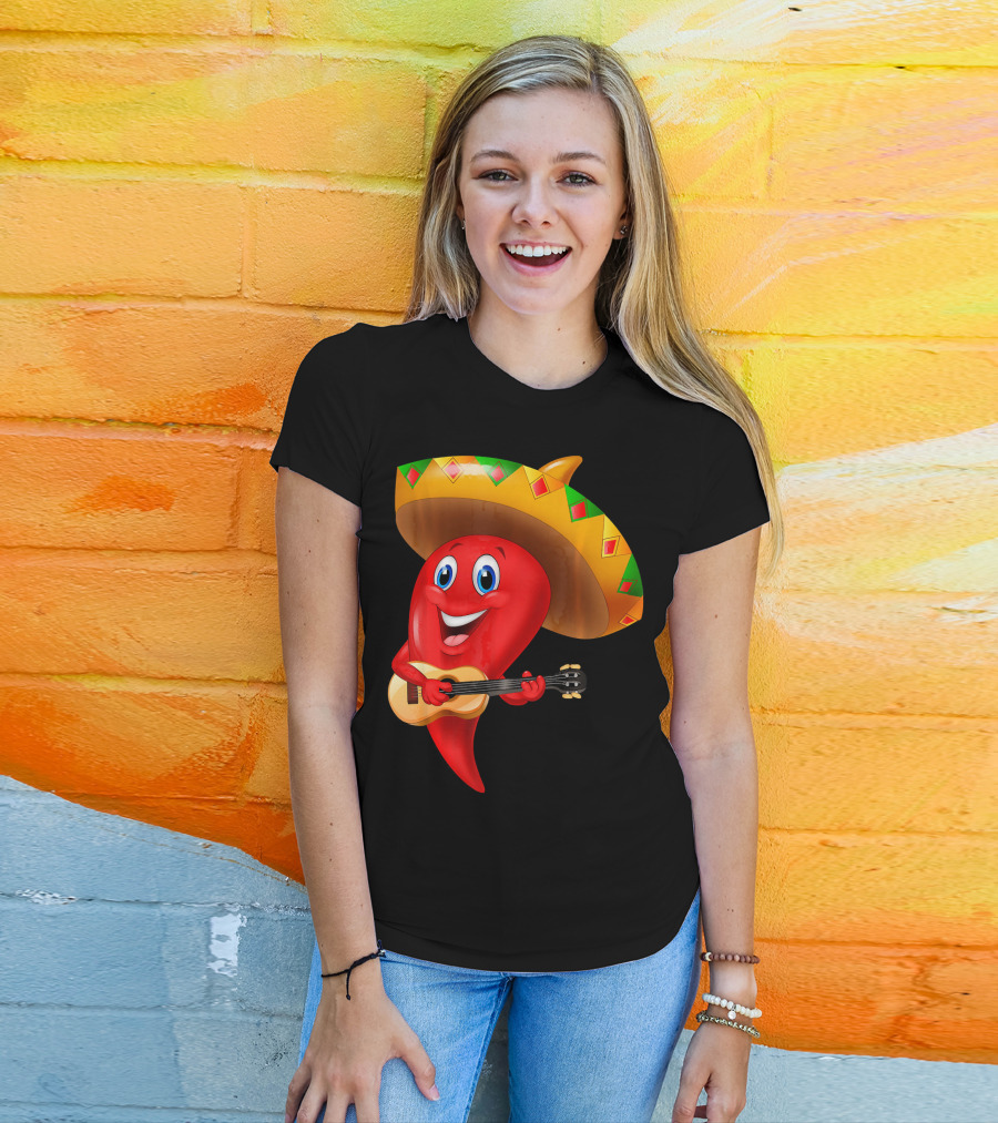 Cute Chili Pepper Wearing Sombrero Playing Guitar Mexico T-Shirt