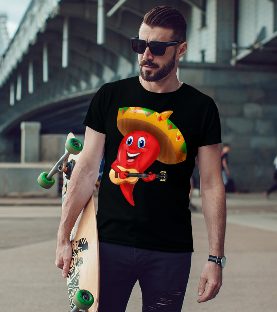 Cute Chili Pepper Wearing Sombrero Playing Guitar Mexico T-Shirt