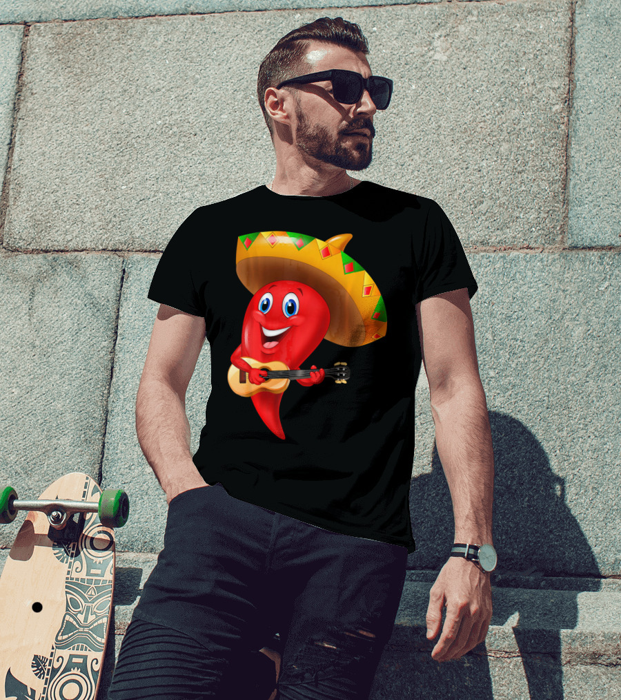 Cute Chili Pepper Wearing Sombrero Playing Guitar Mexico T-Shirt