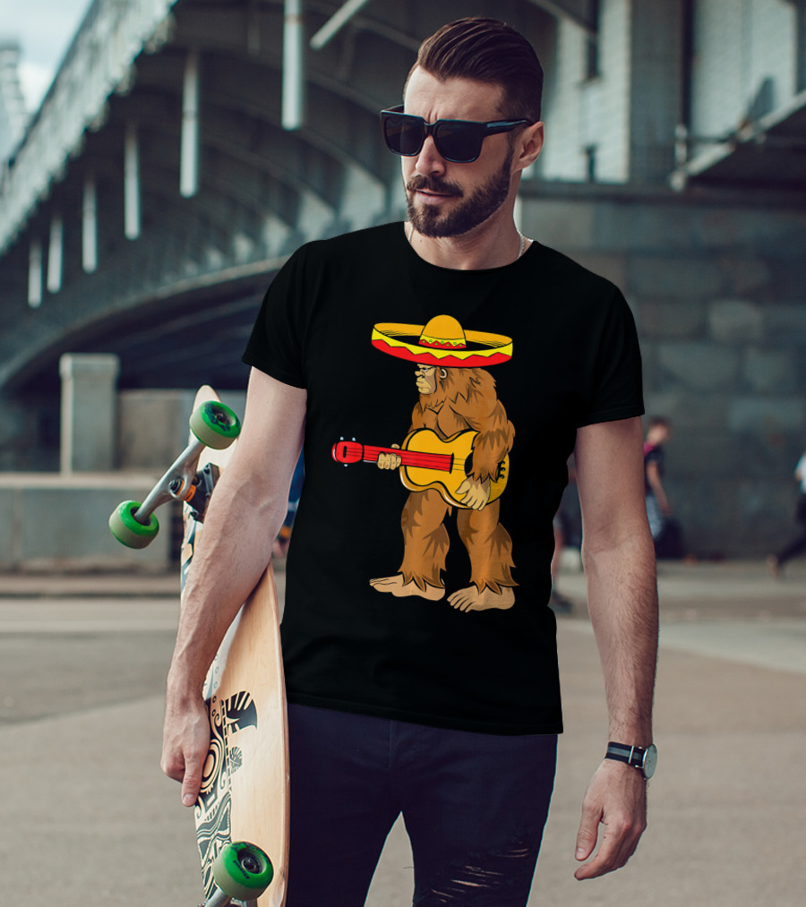 Bigfoot Carrying Guitar Cinco De Mayo Sombrero T-Shirt