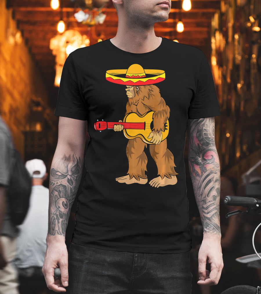 Bigfoot Carrying Guitar Cinco De Mayo Sombrero T-Shirt
