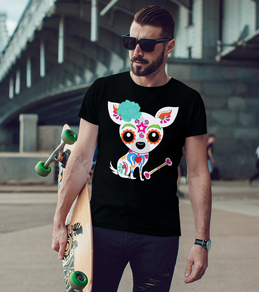 Cinco De Mayo Sugar Skull Chihuahua With Floral Bone And Colorful Flower T-Shirt