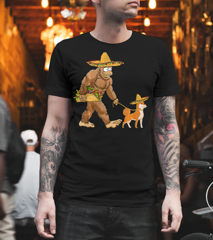 Bigfoot Taco Sombrero Shiba Inu Dog Cinc Walking Cartoon T-Shirt