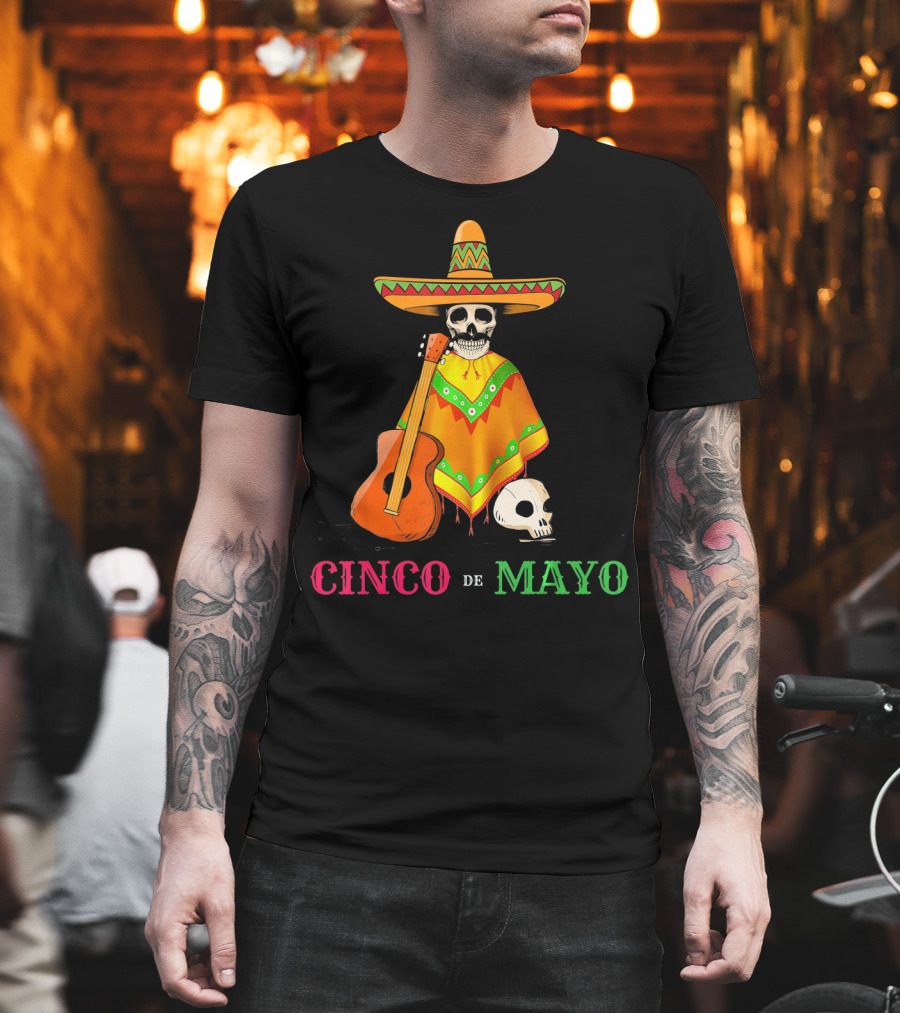 Cinco De Mayo Sombrero Skull Poncho Guitar T-Shirt