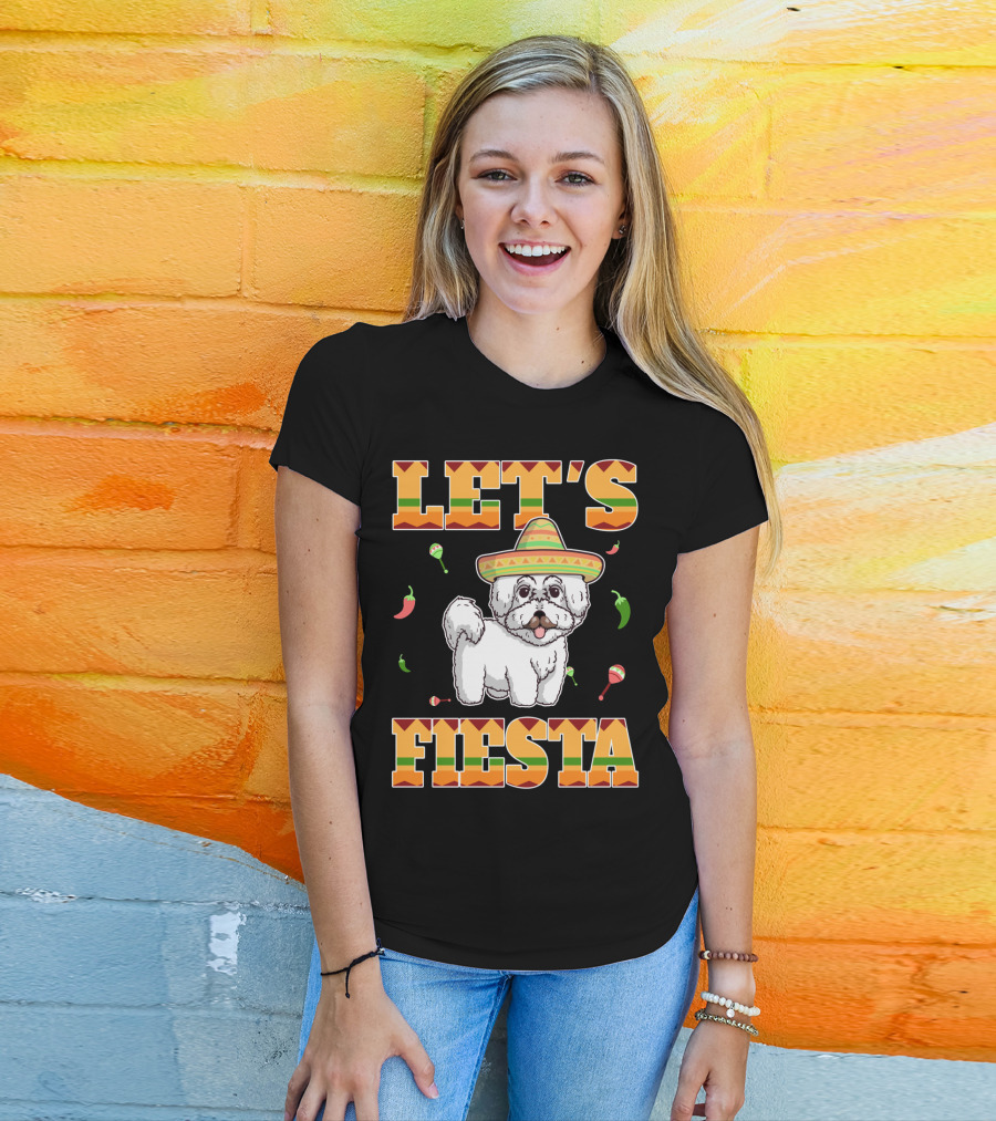 Let's Fiesta Bichon Frise Dog Cinco De Mayo Sombrero Peppers Maracas T-Shirt