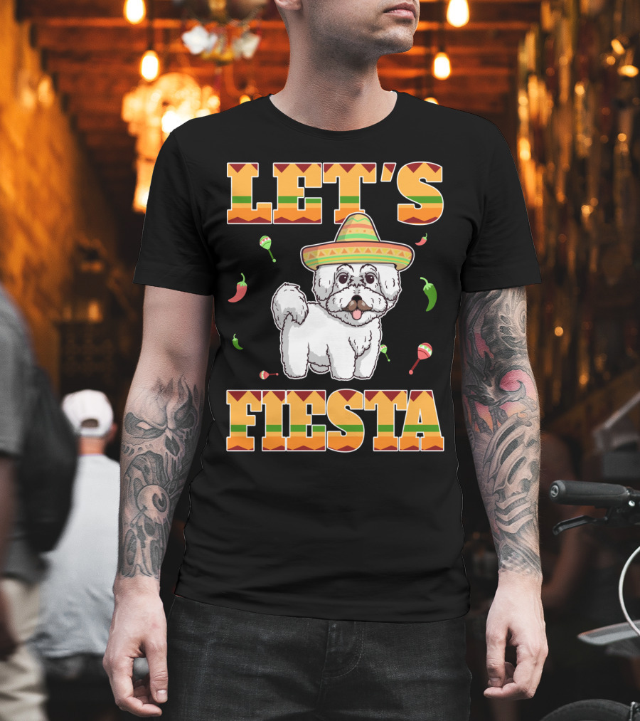 Let's Fiesta Bichon Frise Dog Cinco De Mayo Sombrero Peppers Maracas T-Shirt