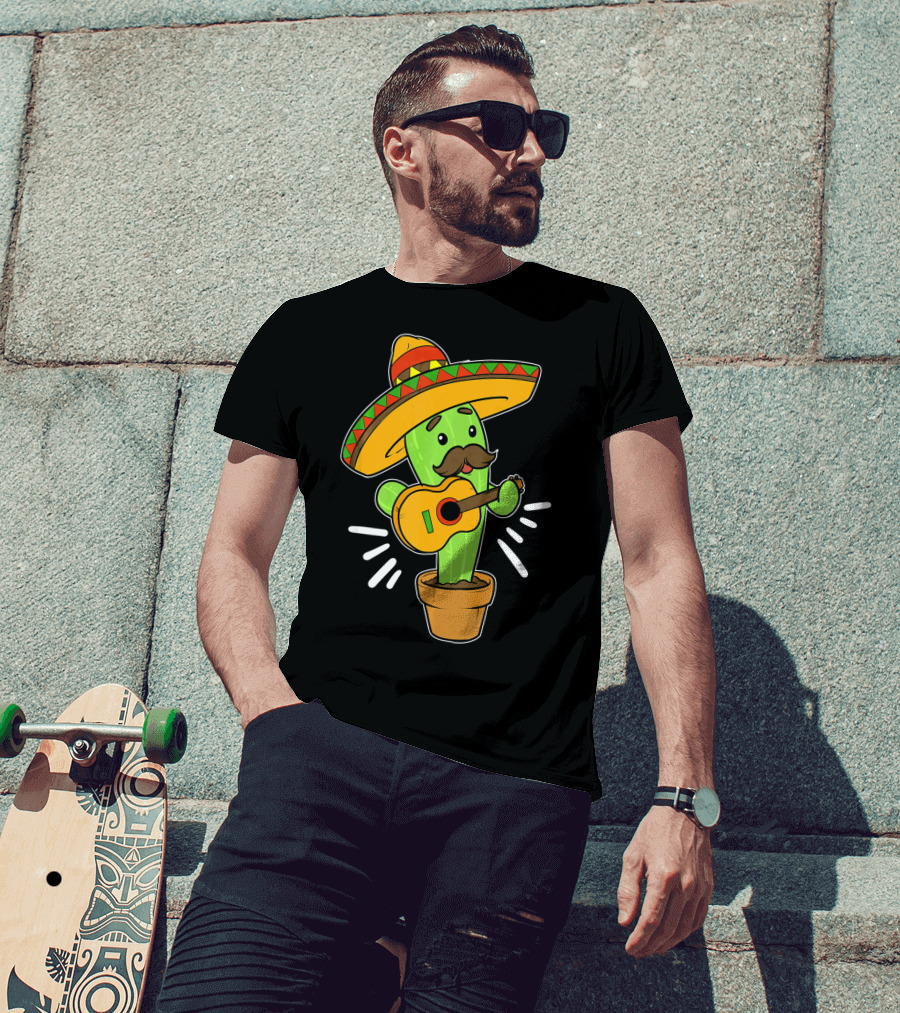 Cinco De Mayo Cactus Playing Guitar With Sombrero T-Shirt