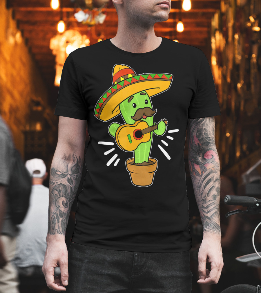 Cinco De Mayo Cactus Playing Guitar With Sombrero T-Shirt