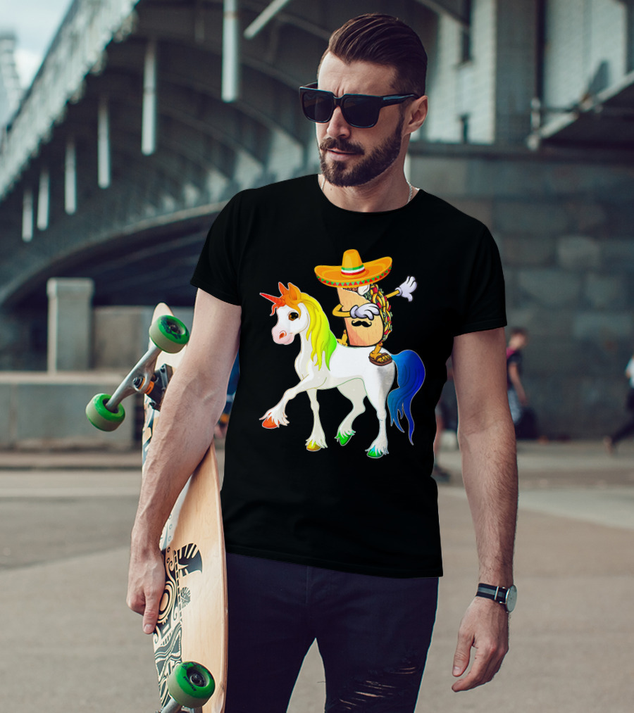 Dabbing Taco Sombrero With Mustache Riding Colorful Unicorn Fun T-Shirt