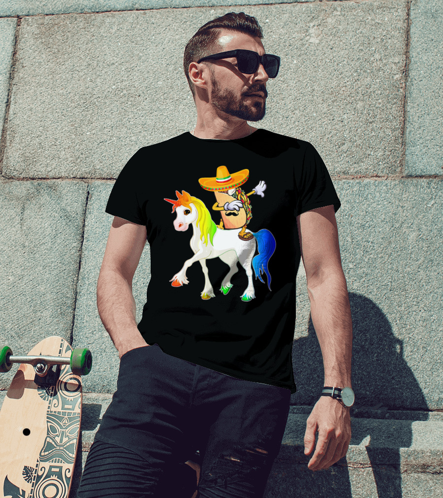 Dabbing Taco Sombrero With Mustache Riding Colorful Unicorn Fun T-Shirt