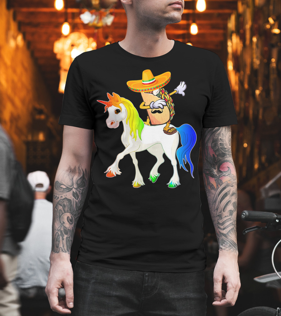 Dabbing Taco Sombrero with Mustache Riding Colorful Unicorn Fun T-Shirt