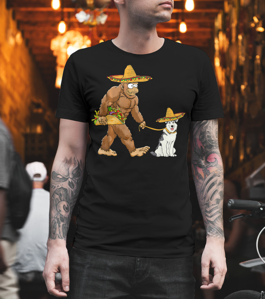 Bigfoot Husky Dog Taco Sombrero Cinco de Mayo T-Shirt