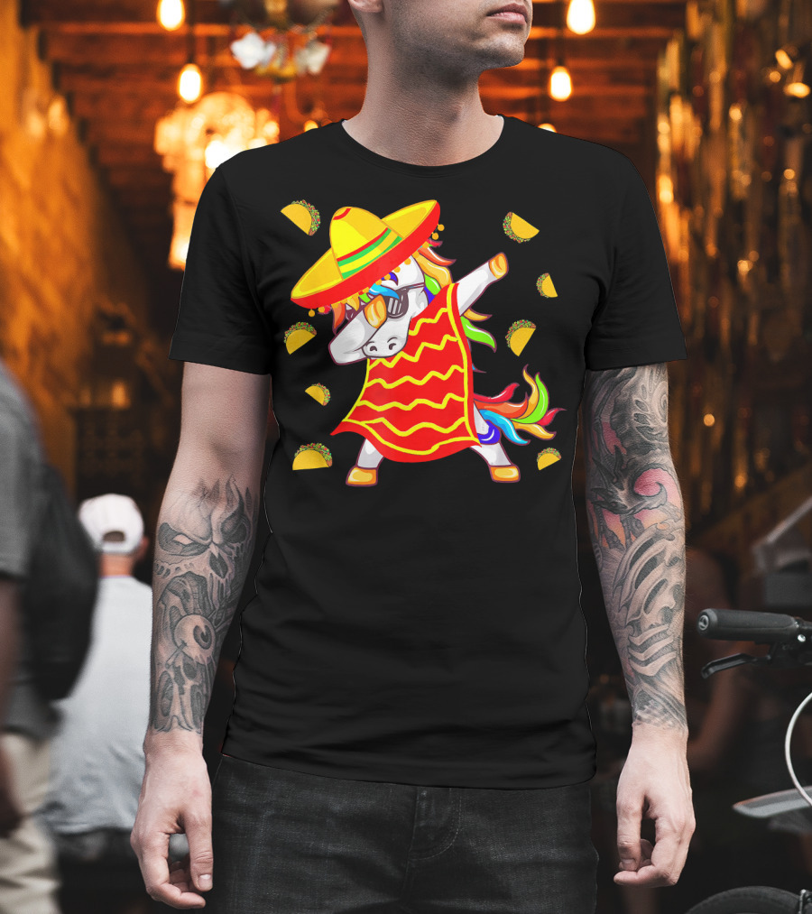 Unicorn Dabbing In Mexican Poncho With Sombrero Surrounded By Tacos T-Shirt