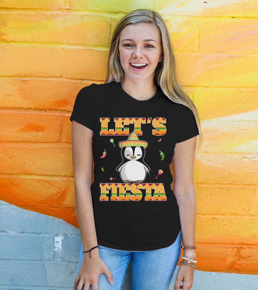 Let's Fiesta Penguin Cinco De Mayo Mexica Sombrero Maracas Chili Peppers T-Shirt