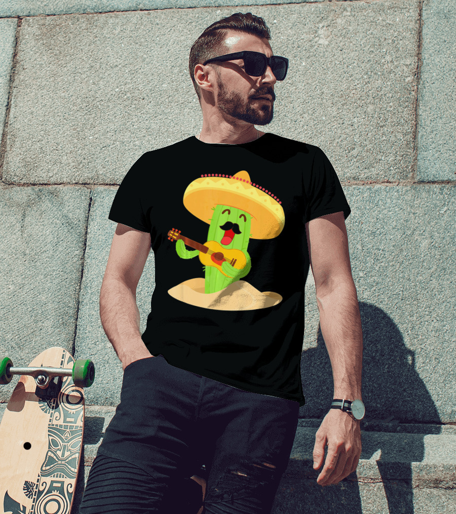 Happy Cinco De Mayo Cactus Guitarist With Sombrero T-Shirt