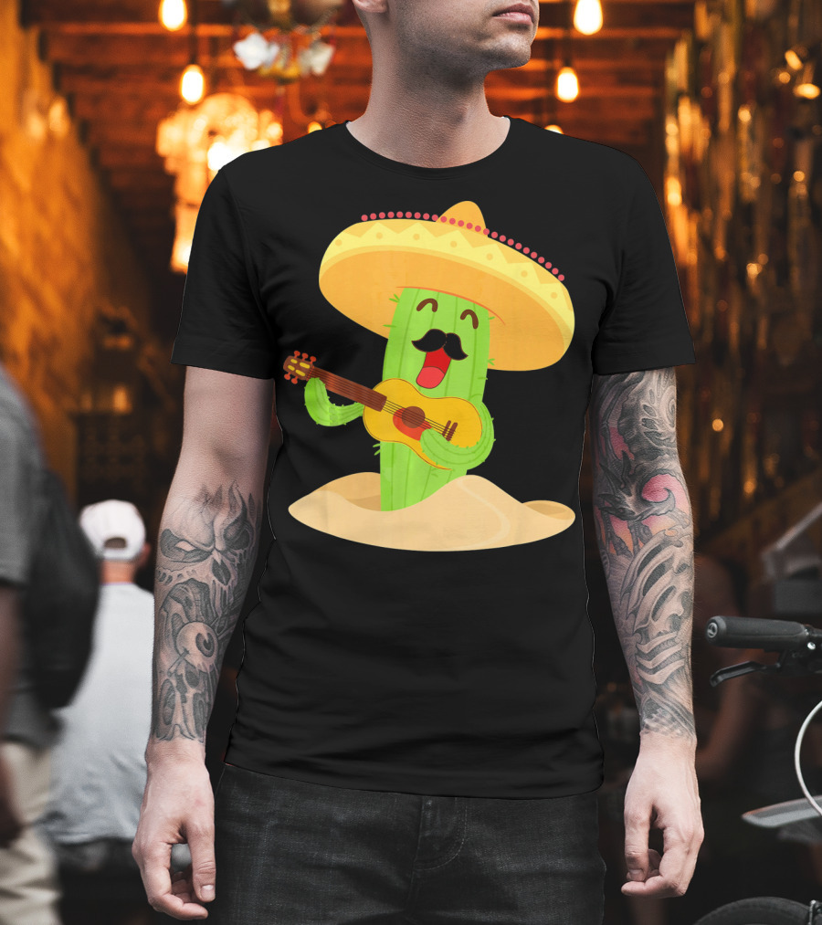 Happy Cinco De Mayo Cactus Guitarist With Sombrero T-Shirt
